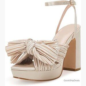 Pleated Bow Knot Platform Heeled Sandals with Ankle Buckle Strap
